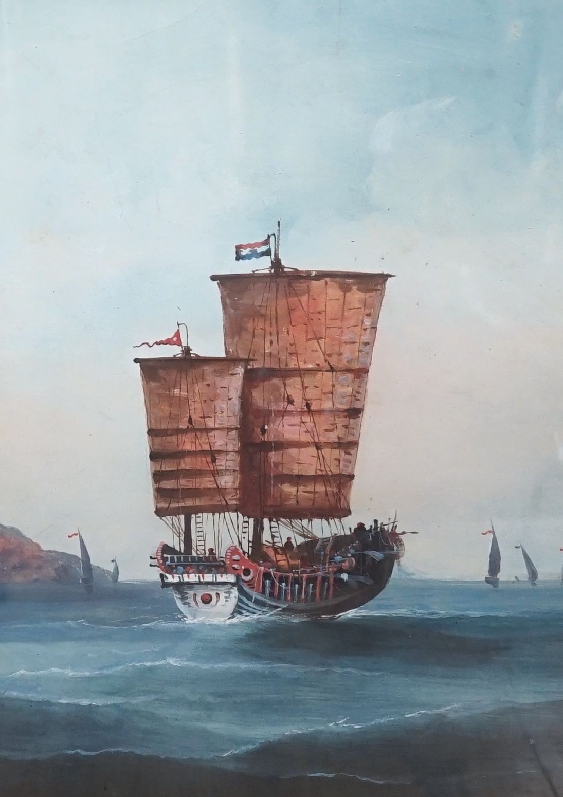 Chinese school c.1900, watercolour, junk boat off shore, 42 cm 30 cm